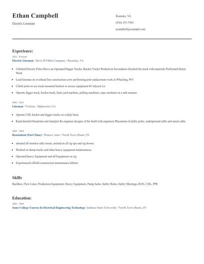 Electric Lineman Resume