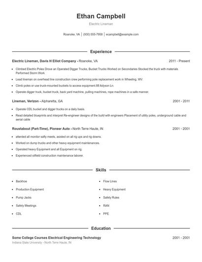 Electric Lineman Resume