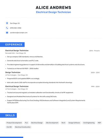 Electrical Design Technician Resume