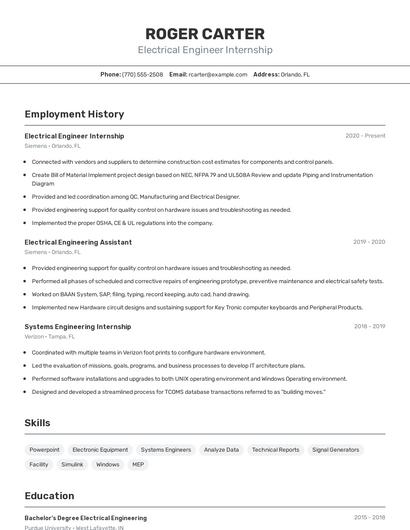 Electrical Engineer Internship Resume