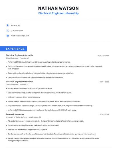 Electrical Engineer Internship Resume
