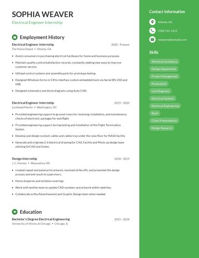 Electrical Engineer Internship Resume