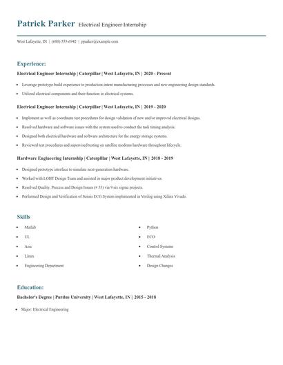 Electrical Engineer Internship Resume