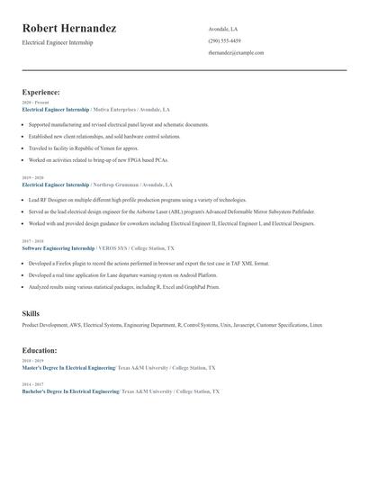 Electrical Engineer Internship Resume
