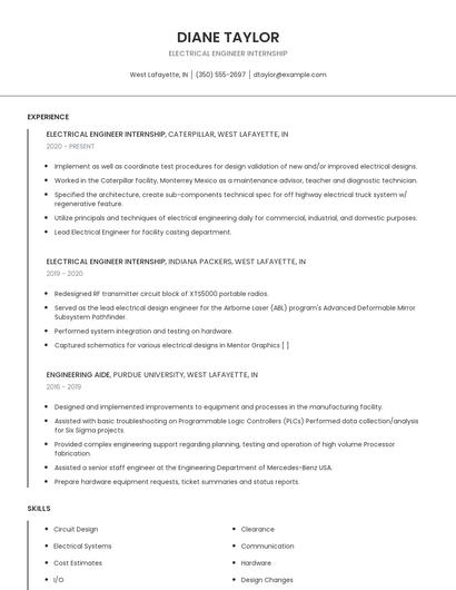 Electrical Engineer Internship Resume