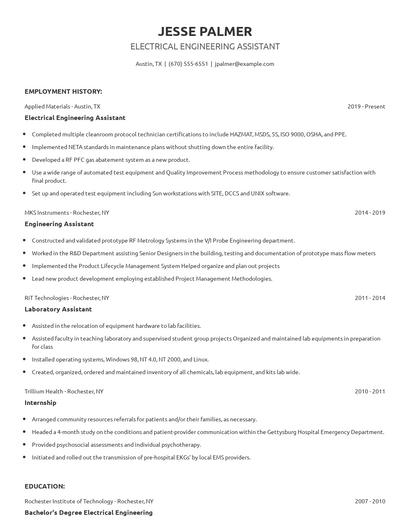 Electrical Engineering Assistant Resume