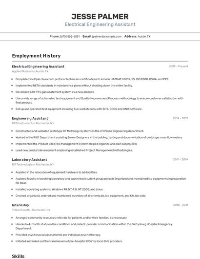 Electrical Engineering Assistant Resume
