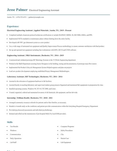 Electrical Engineering Assistant Resume