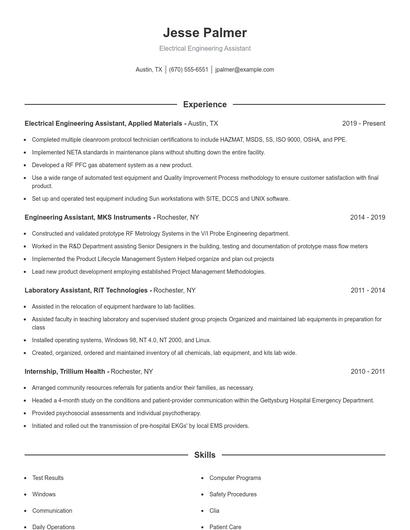 Electrical Engineering Assistant Resume