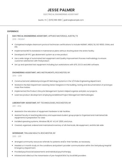Electrical Engineering Assistant Resume