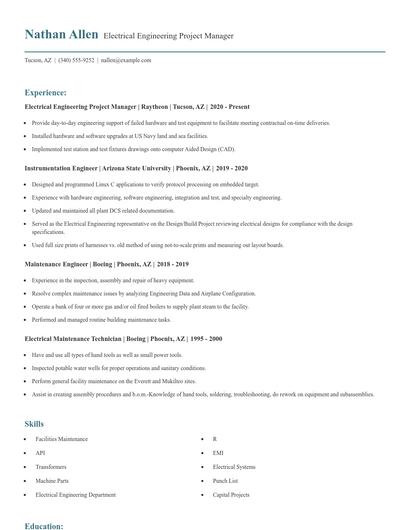 Electrical Engineering Project Manager Resume