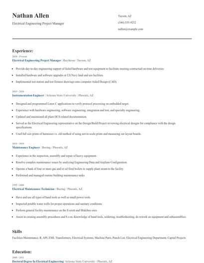 Electrical Engineering Project Manager Resume