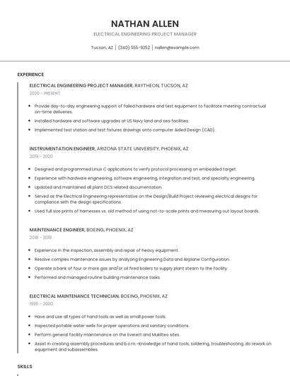 Electrical Engineering Project Manager Resume