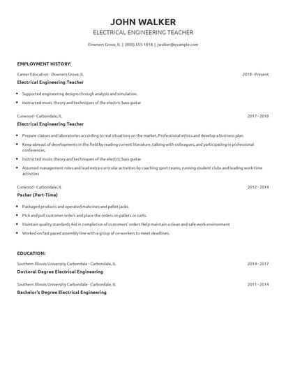 Electrical Engineering Teacher Resume