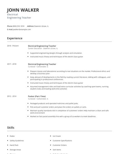 Electrical Engineering Teacher Resume