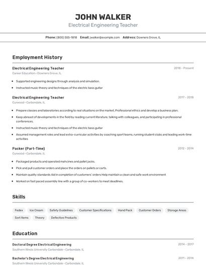 Electrical Engineering Teacher Resume