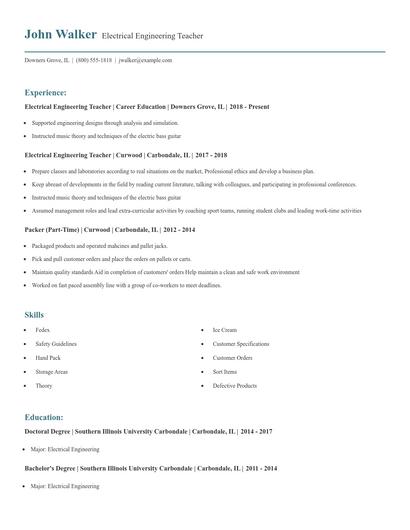 Electrical Engineering Teacher Resume