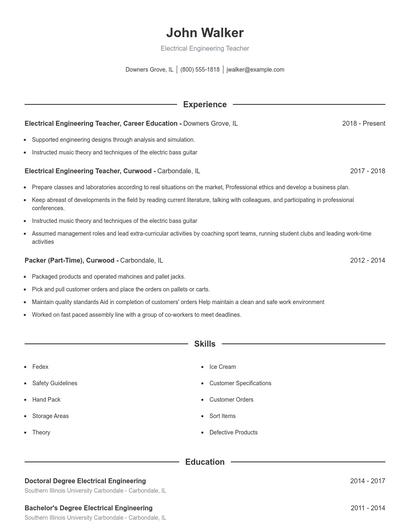 Electrical Engineering Teacher Resume