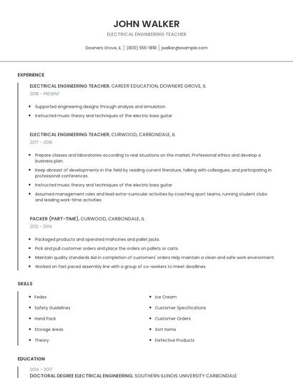 Electrical Engineering Teacher Resume