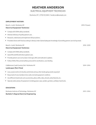Electrical Equipment Technician Resume