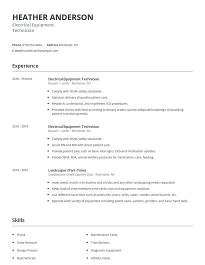 Electrical Equipment Technician Resume