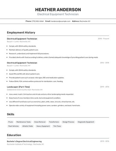 Electrical Equipment Technician Resume