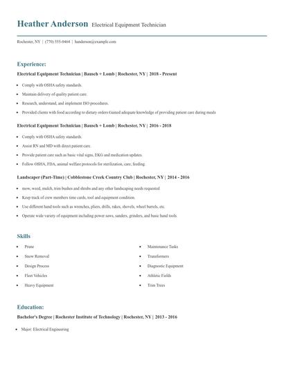 Electrical Equipment Technician Resume