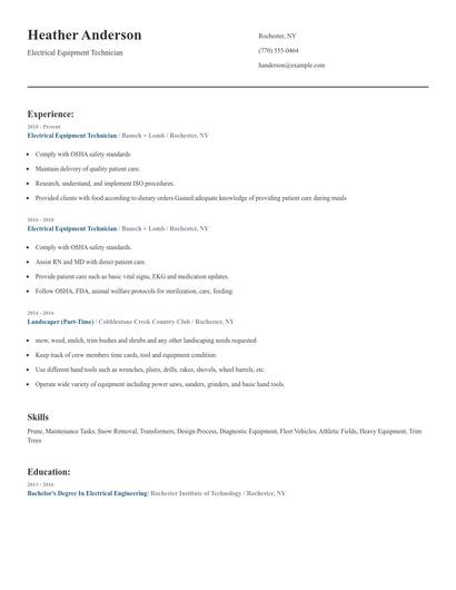 Electrical Equipment Technician Resume