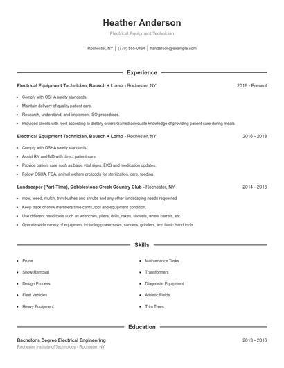 Electrical Equipment Technician Resume
