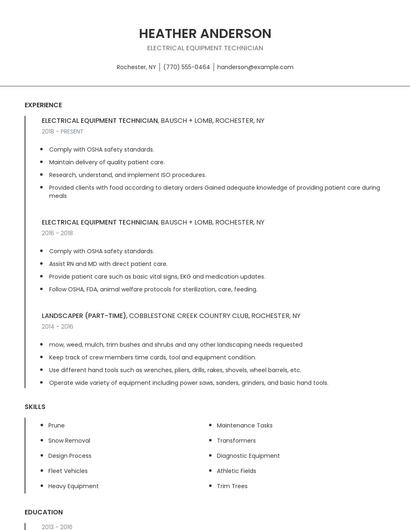 Electrical Equipment Technician Resume