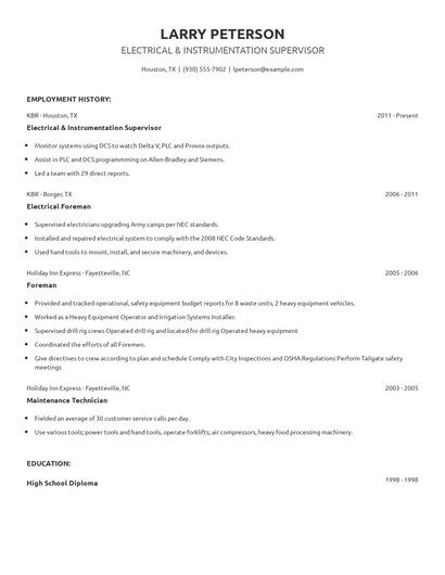 Electrical & Instrumentation Supervisor Resume