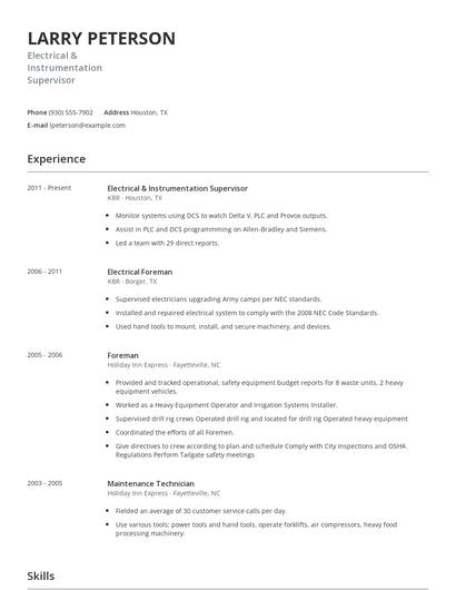 Electrical & Instrumentation Supervisor Resume
