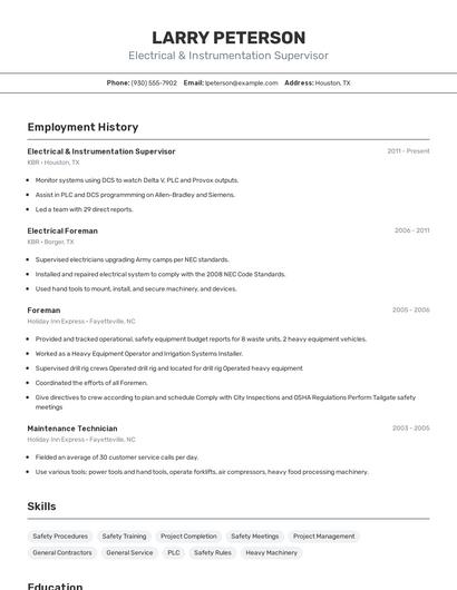 Electrical & Instrumentation Supervisor Resume
