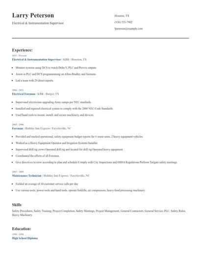 Electrical & Instrumentation Supervisor Resume