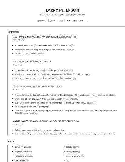 Electrical & Instrumentation Supervisor Resume