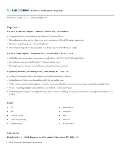 Electrical Maintenance Engineer Resume