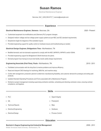 Electrical Maintenance Engineer Resume