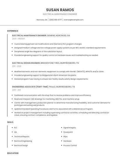 Electrical Maintenance Engineer Resume
