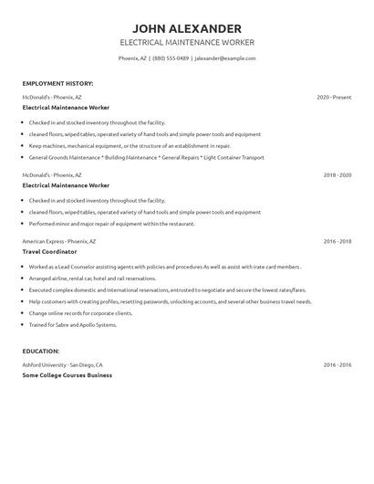 Electrical Maintenance Worker Resume