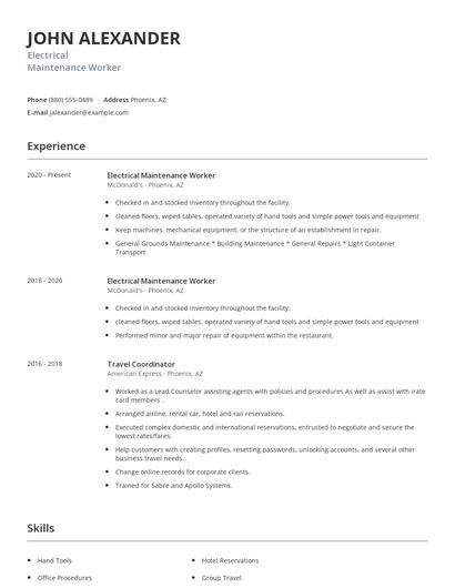 Electrical Maintenance Worker Resume