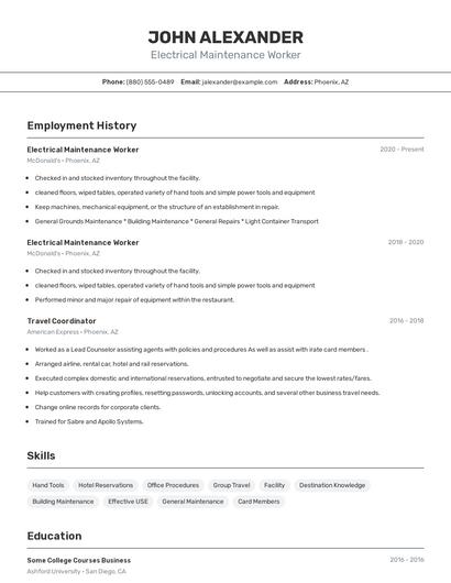 Electrical Maintenance Worker Resume