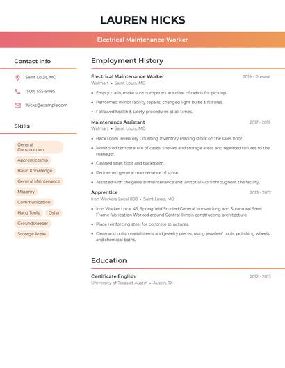 Electrical Maintenance Worker Resume