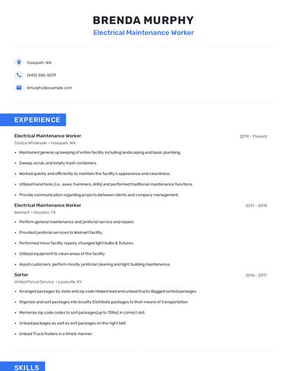 Electrical Maintenance Worker Resume