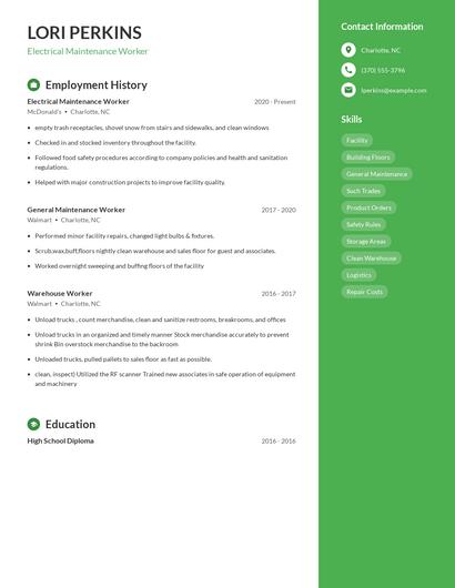 Electrical Maintenance Worker Resume