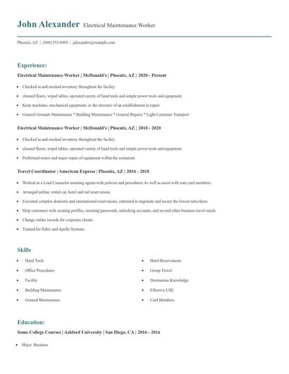 Electrical Maintenance Worker Resume