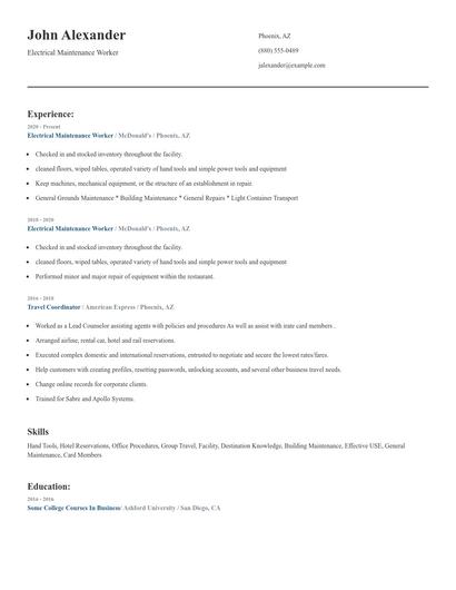 Electrical Maintenance Worker Resume