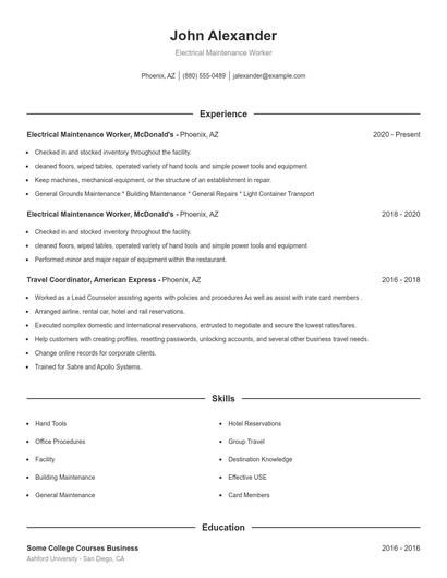 Electrical Maintenance Worker Resume
