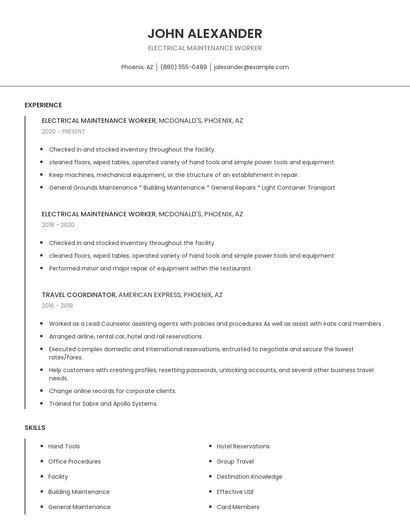 Electrical Maintenance Worker Resume
