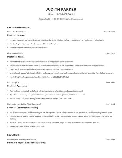Electrical Manager Resume