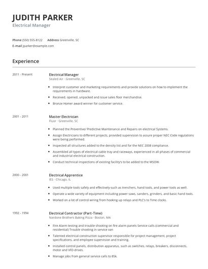 Electrical Manager Resume
